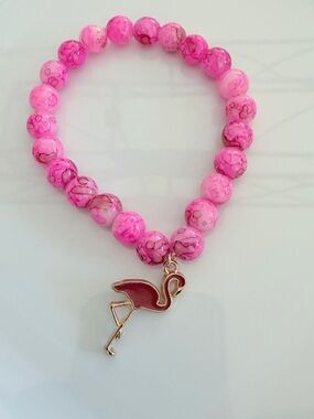 Pink Beaded Bracelet with Flamingo Charm Handmade Novelty Gift Jewelry